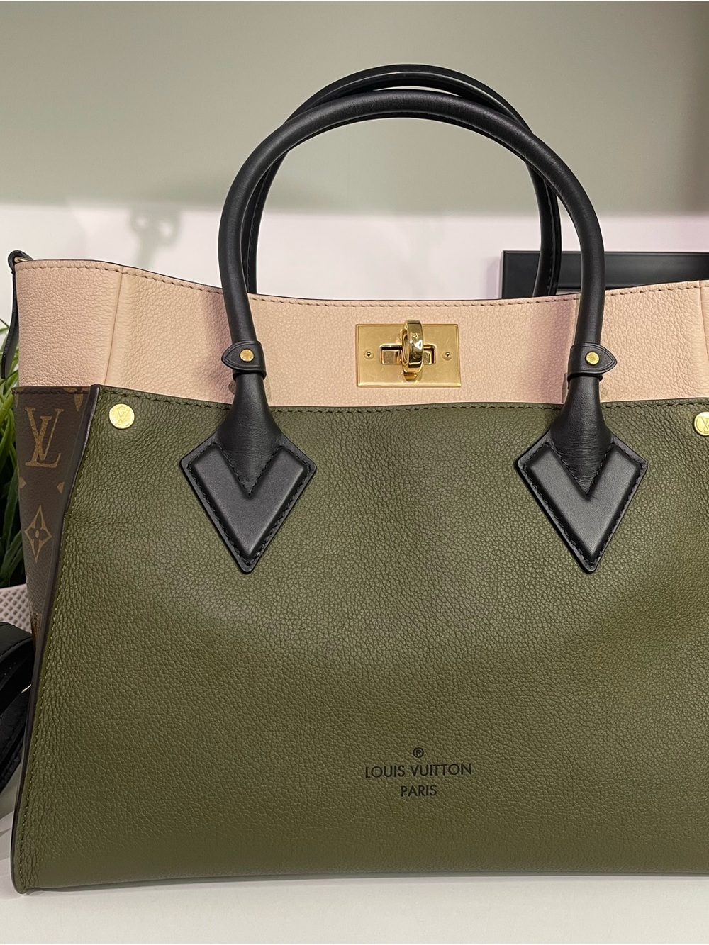 Louis Vuitton On My Side MM Olive Green & Beige Leather Tote Bag